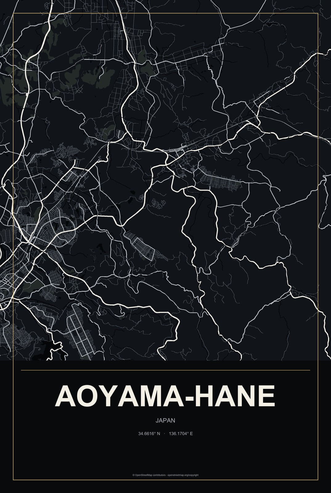 Aoyama-hane, Japan City Map Aluminum Sign in Metropolitan Noir style