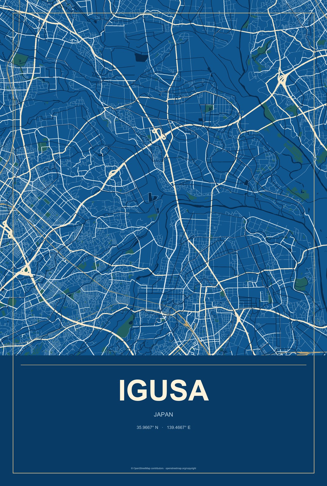 Igusa, Japan City Map Aluminum Sign in Harbor Cobalt style