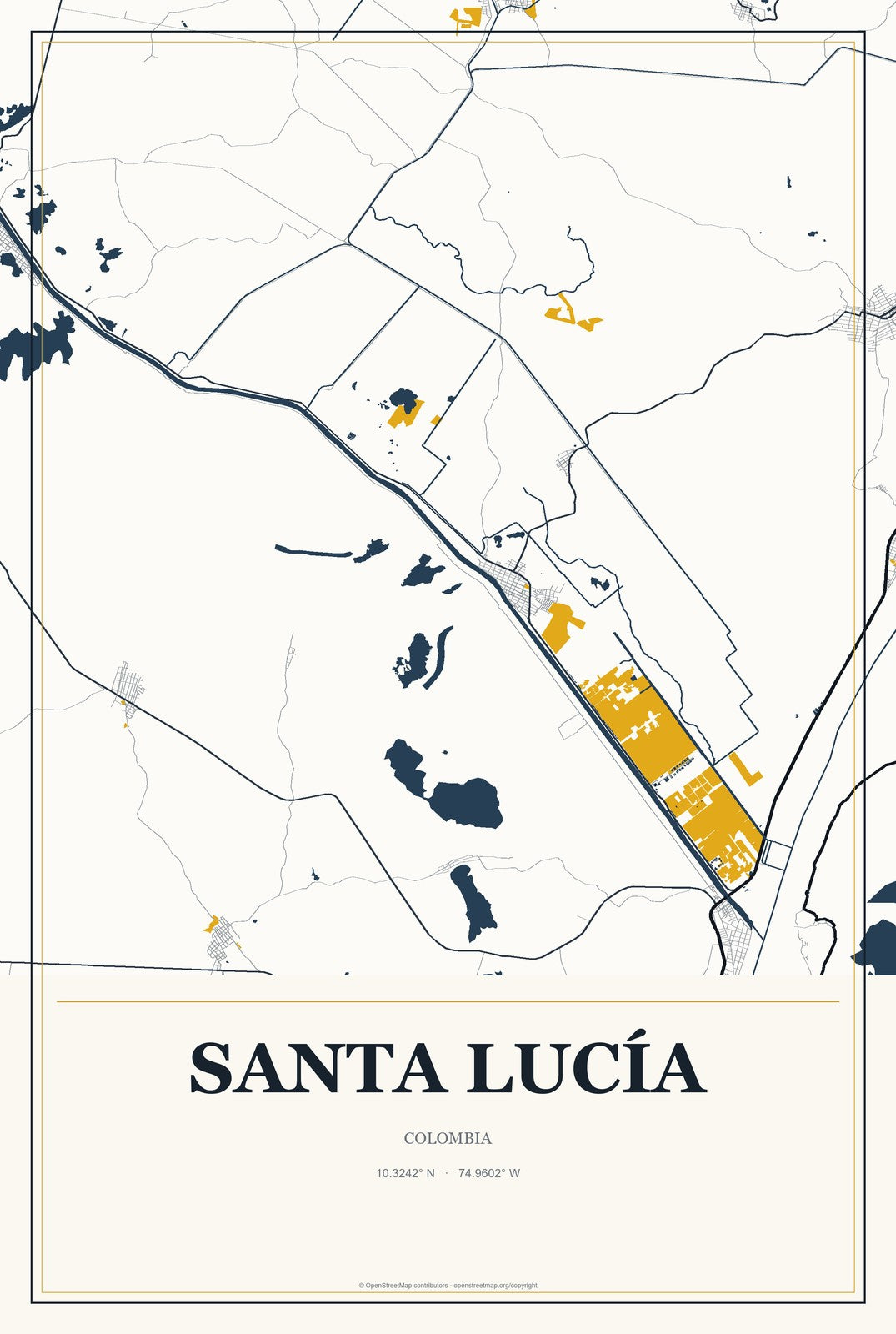Santa Lucía, Colombia City Map Aluminum Sign in Citrine Modern style