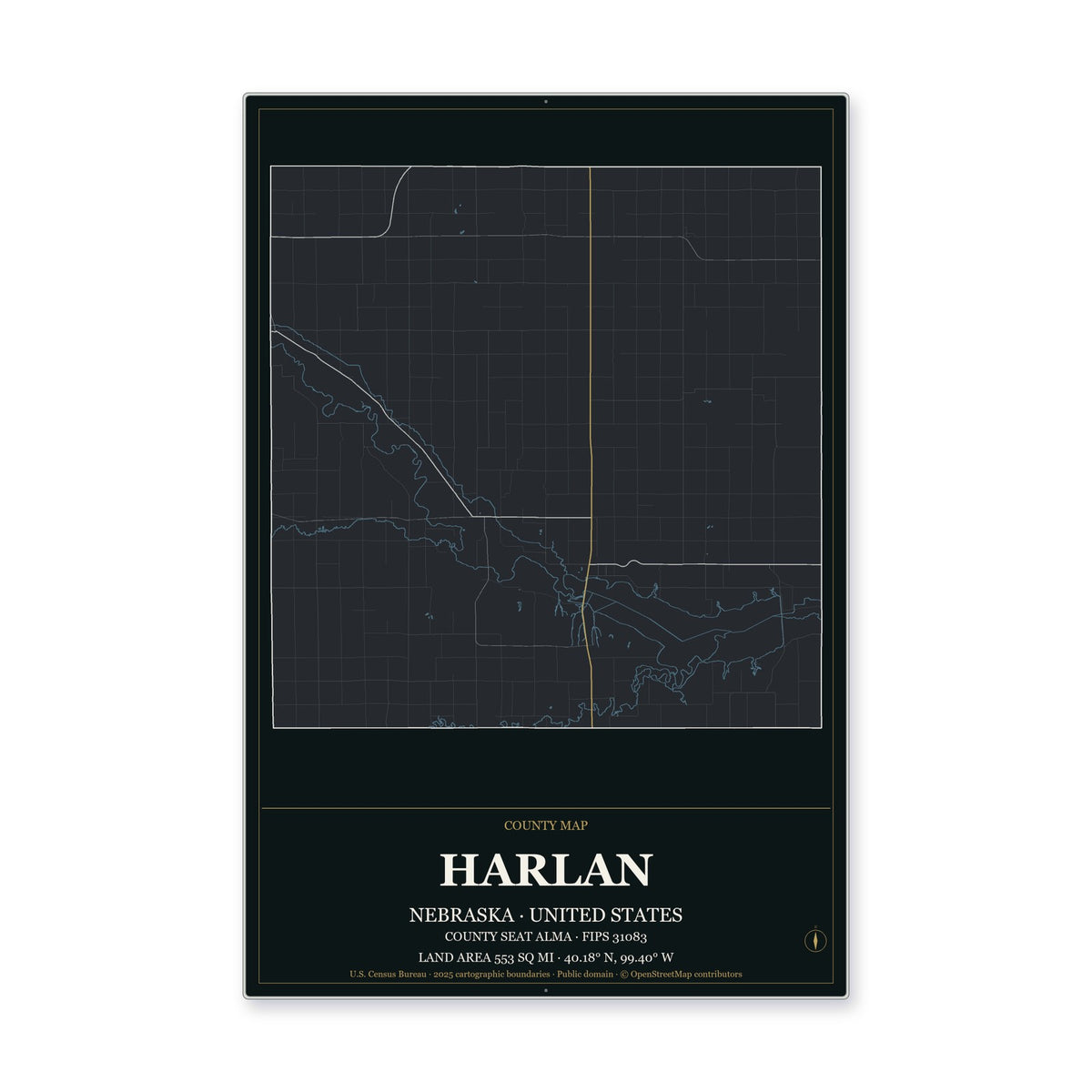 Harlan County, Nebraska Map Aluminum Sign in Metropolitan Noir style