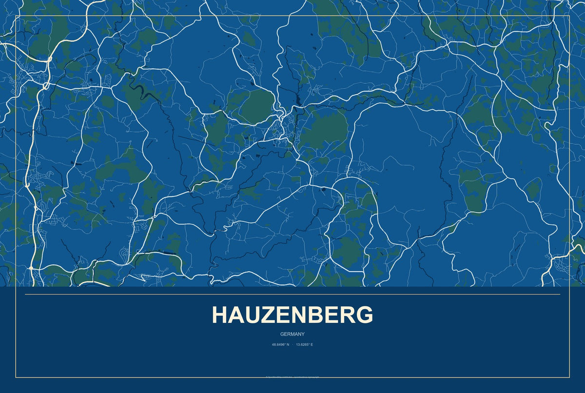 Hauzenberg, Germany City Map Aluminum Sign in Harbor Cobalt style