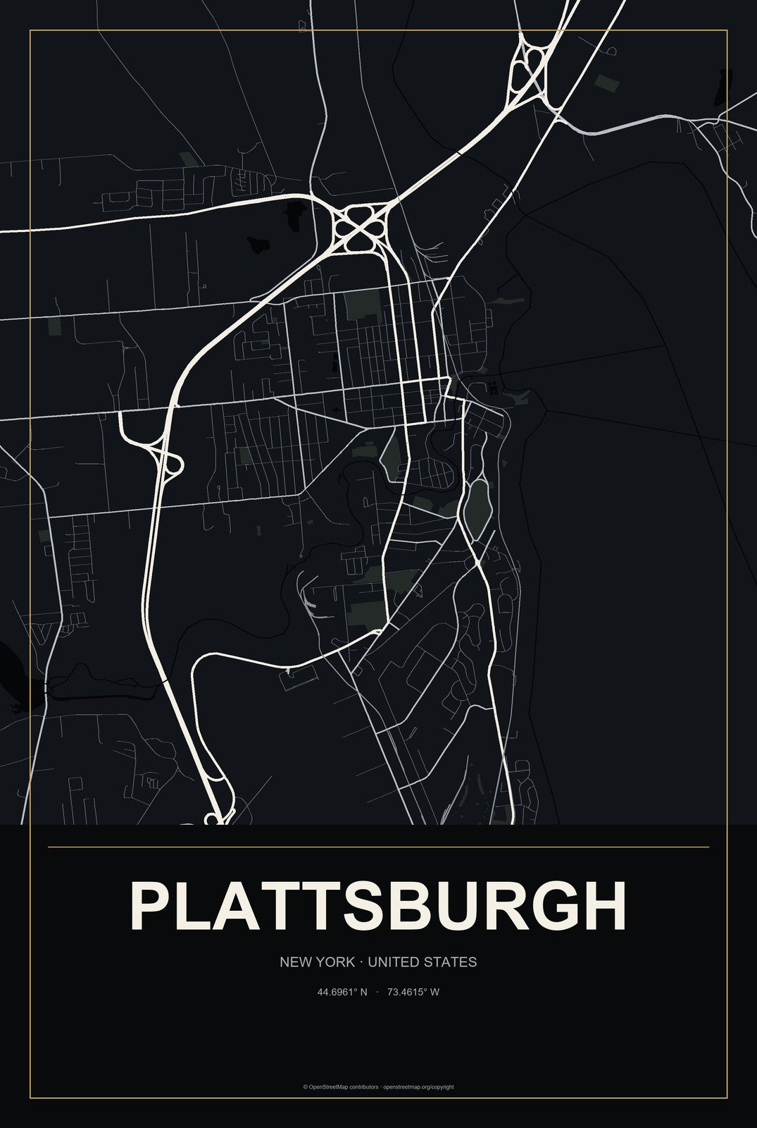 Plattsburgh, New York City Map Aluminum Sign in Metropolitan Noir style
