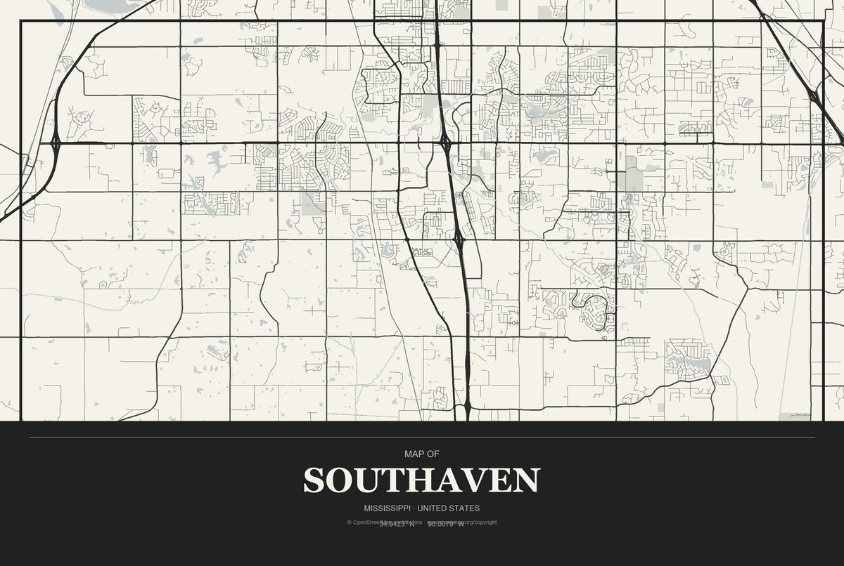 Southaven, Mississippi City Map Aluminum Sign in Museum Plaque style