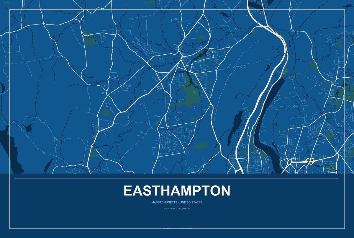 Easthampton, Massachusetts City Map Aluminum Sign in Harbor Cobalt style