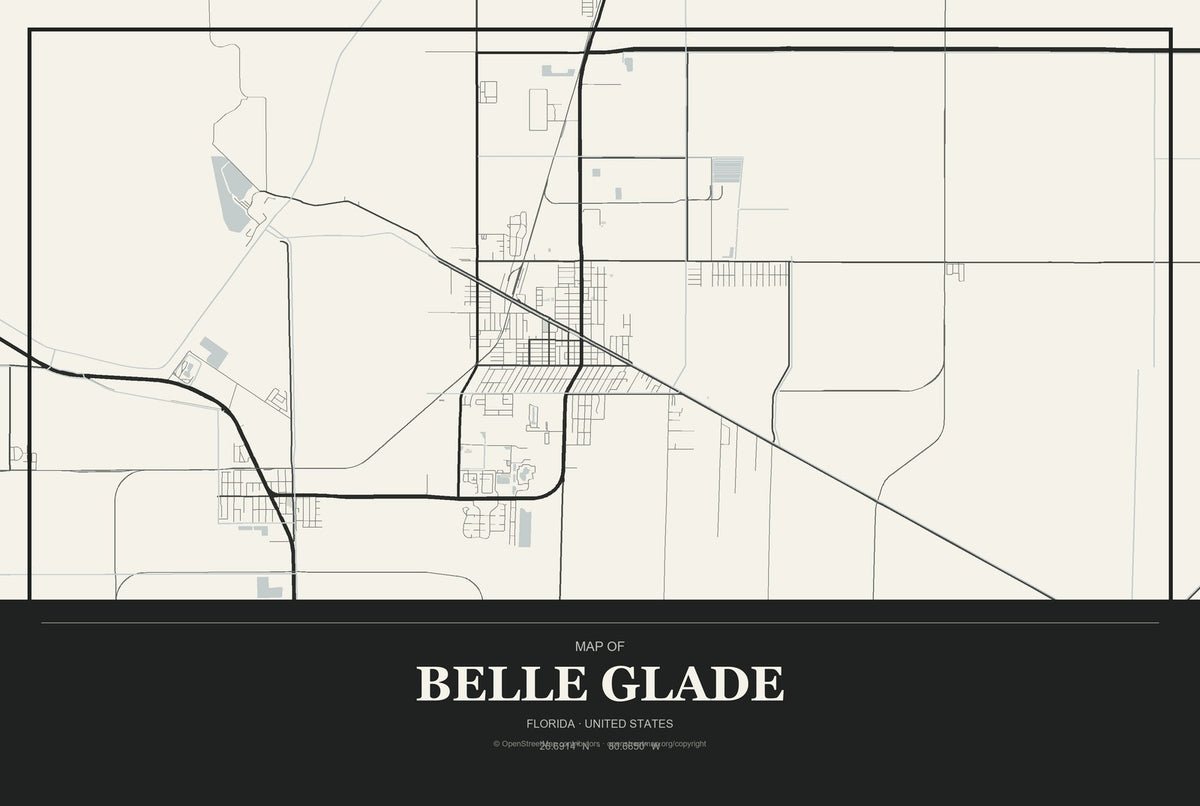 Belle Glade, Florida City Map Aluminum Sign in Museum Plaque style