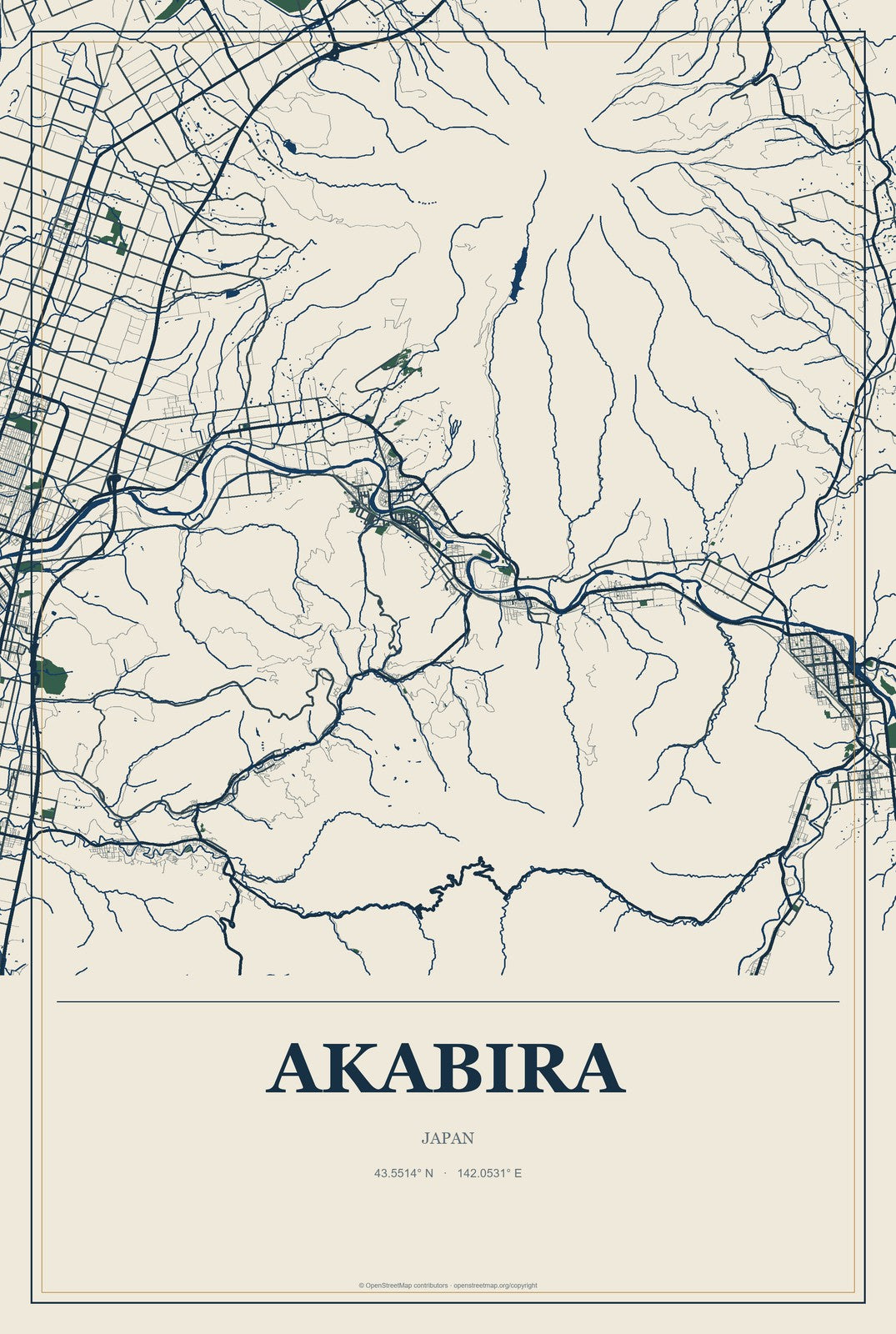 Akabira, Japan City Map Aluminum Sign in Coastal Cutout style