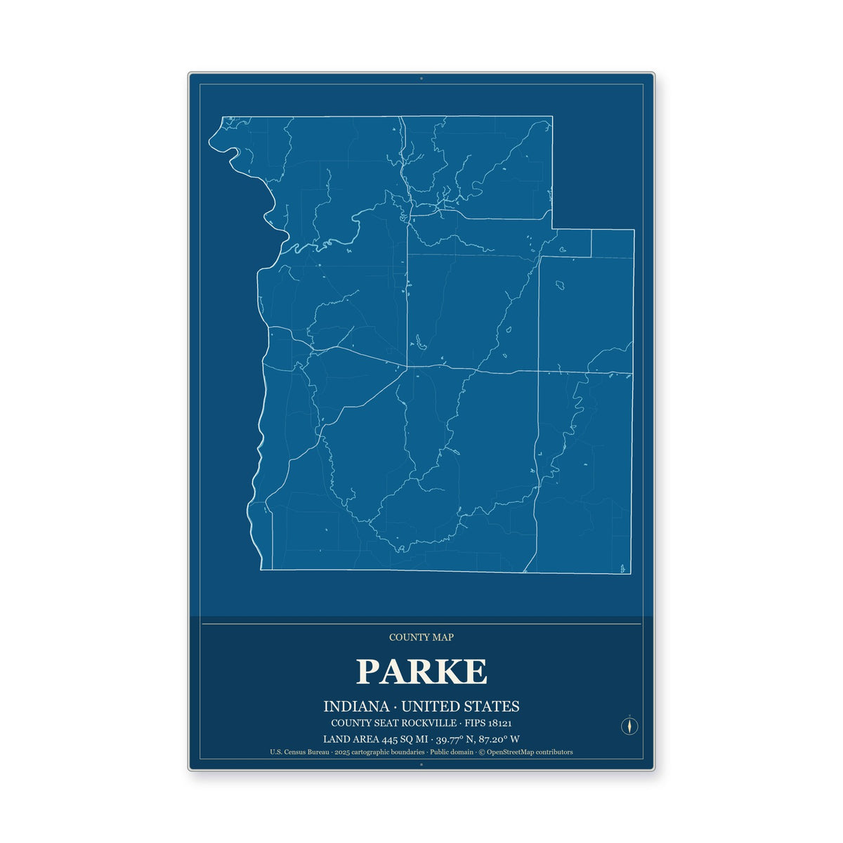 Parke County, Indiana Map Aluminum Sign in Harbor Cobalt style