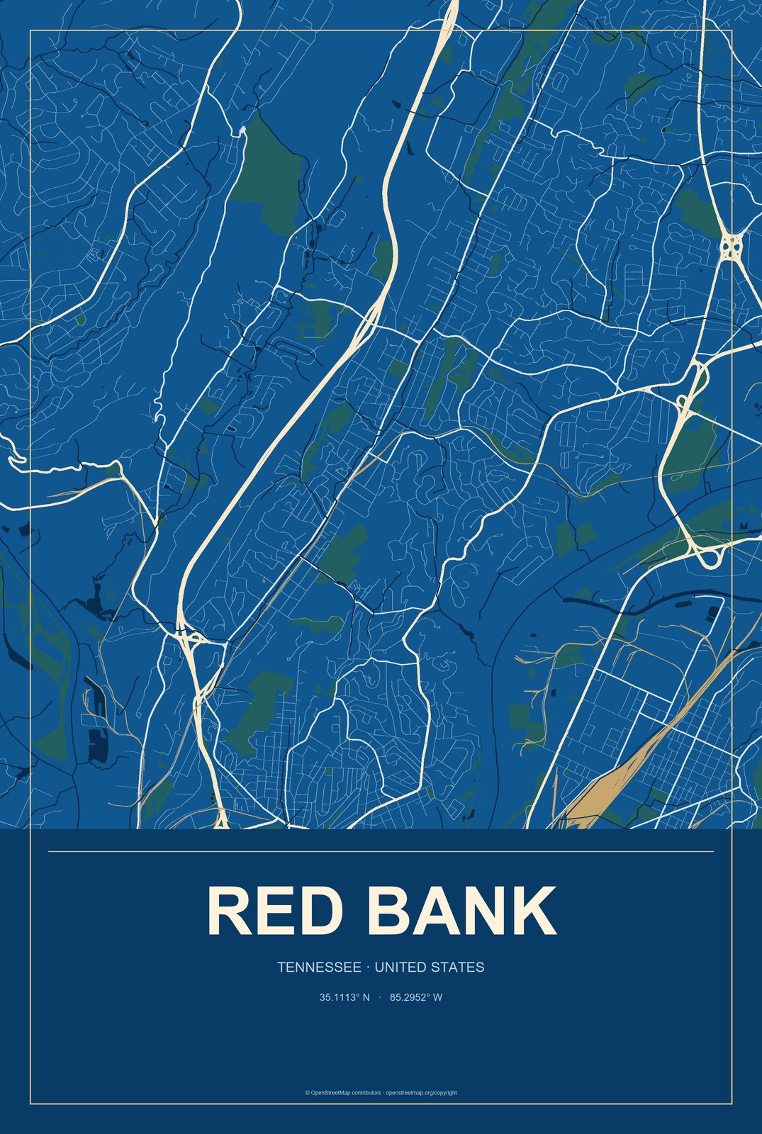 Red Bank, Tennessee City Map Aluminum Sign in Harbor Cobalt style