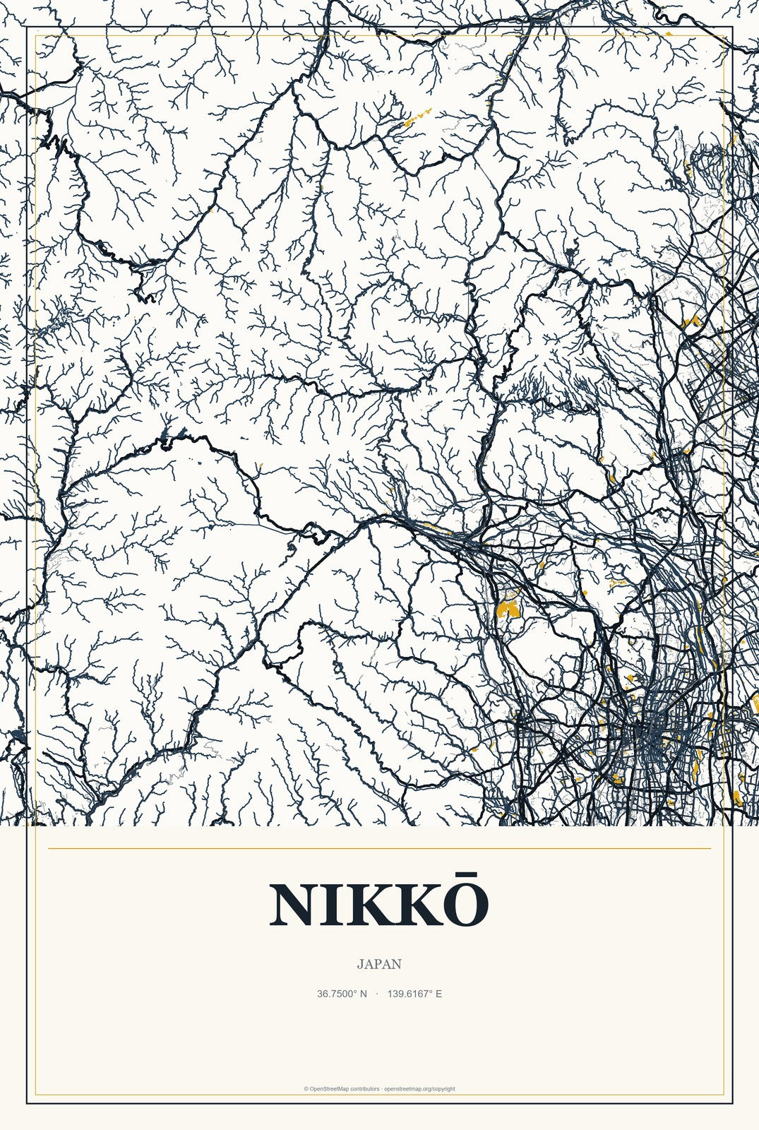 Nikkō, Japan City Map Aluminum Sign in Citrine Modern style