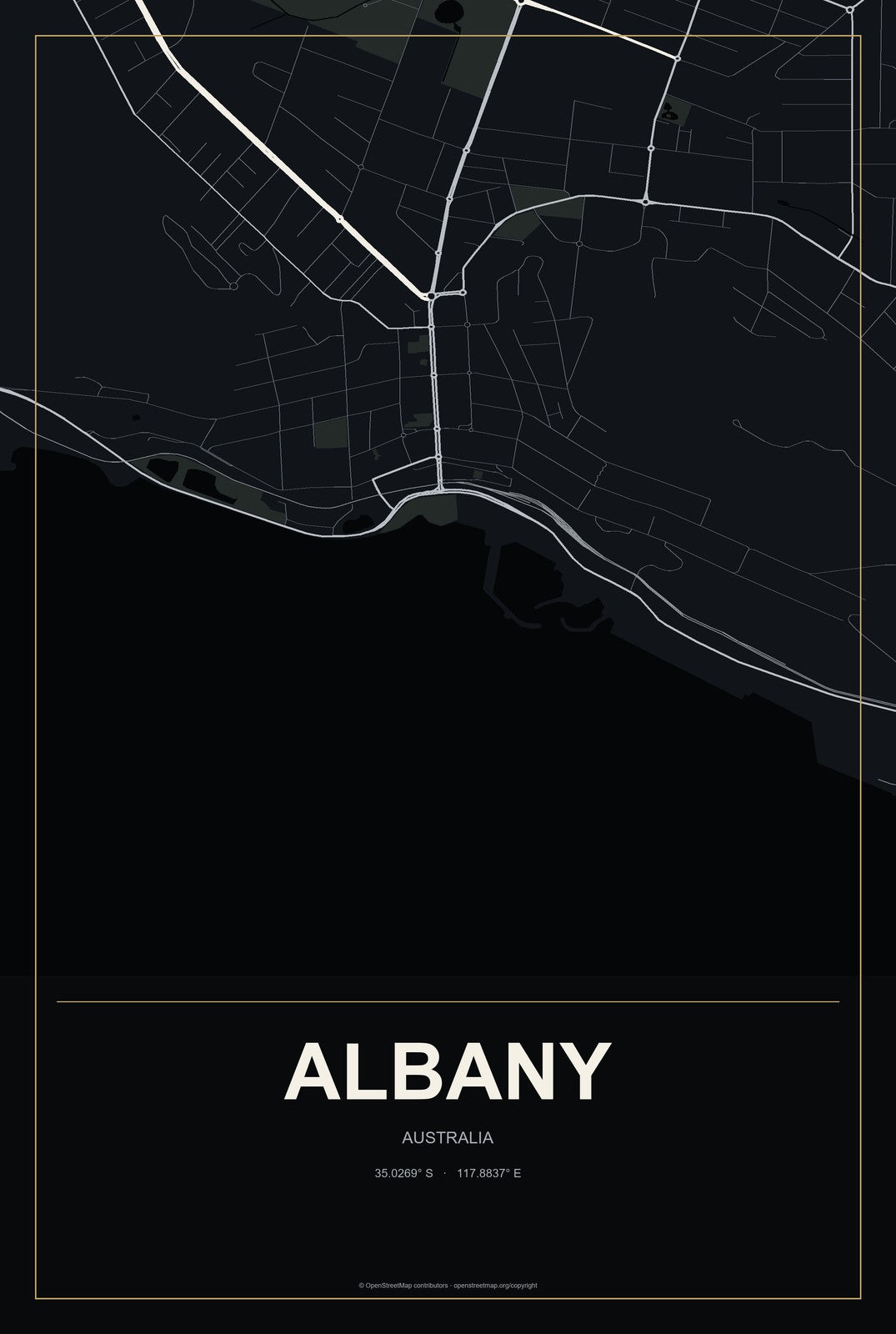 Albany, Australia City Map Aluminum Sign in Metropolitan Noir style