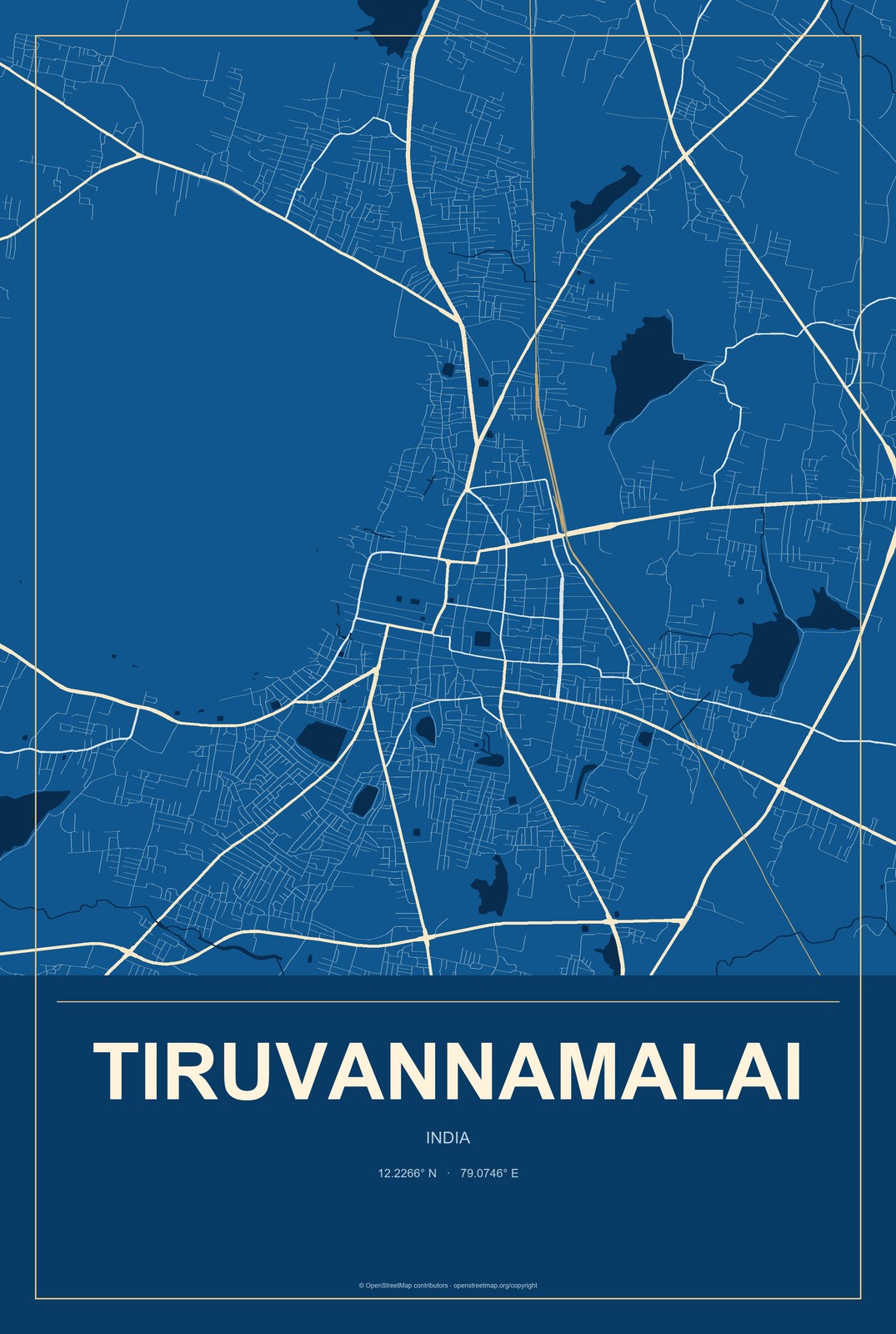 Tiruvannamalai, India City Map Aluminum Sign in Harbor Cobalt style