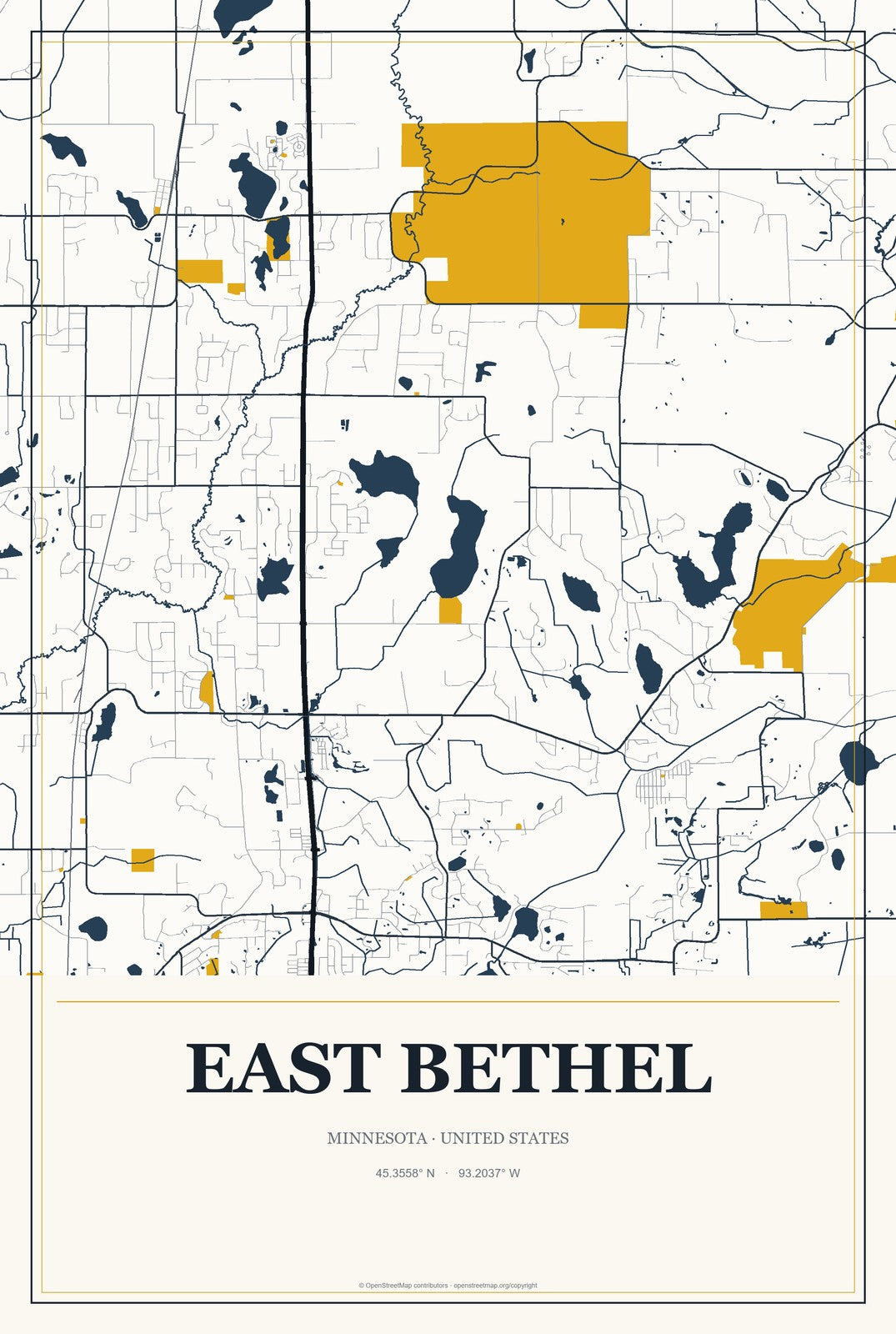 East Bethel, Minnesota City Map Aluminum Sign in Citrine Modern style
