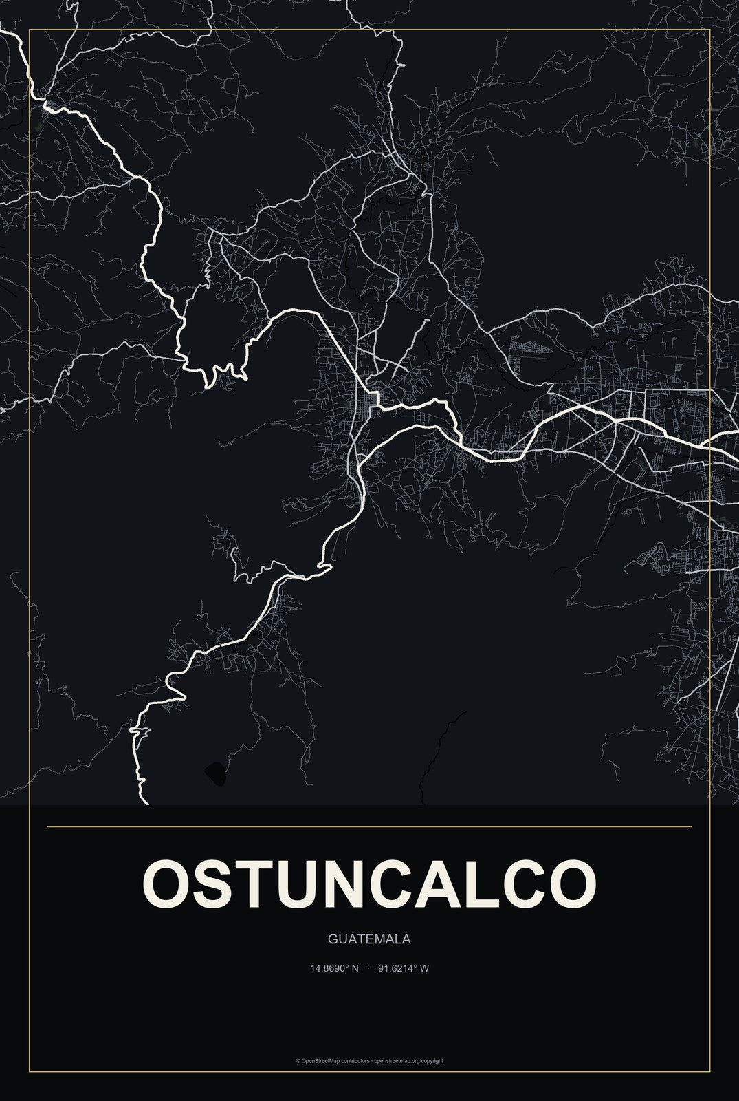 Ostuncalco, Guatemala City Map Aluminum Sign in Metropolitan Noir style