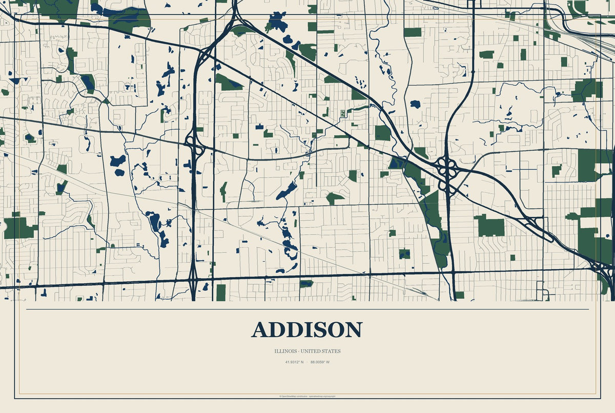 Addison, Illinois City Map Aluminum Sign in Coastal Cutout style