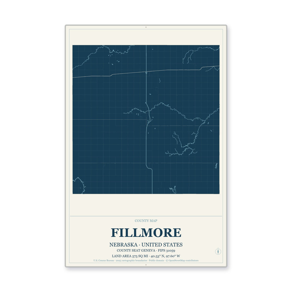 Fillmore County, Nebraska Map Aluminum Sign in Coastal Cutout style
