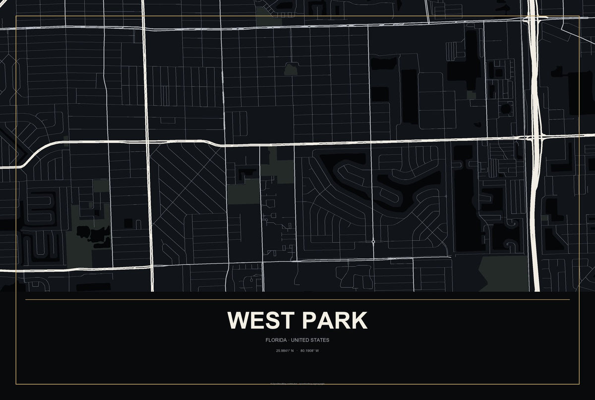 West Park, Florida City Map Aluminum Sign in Metropolitan Noir style