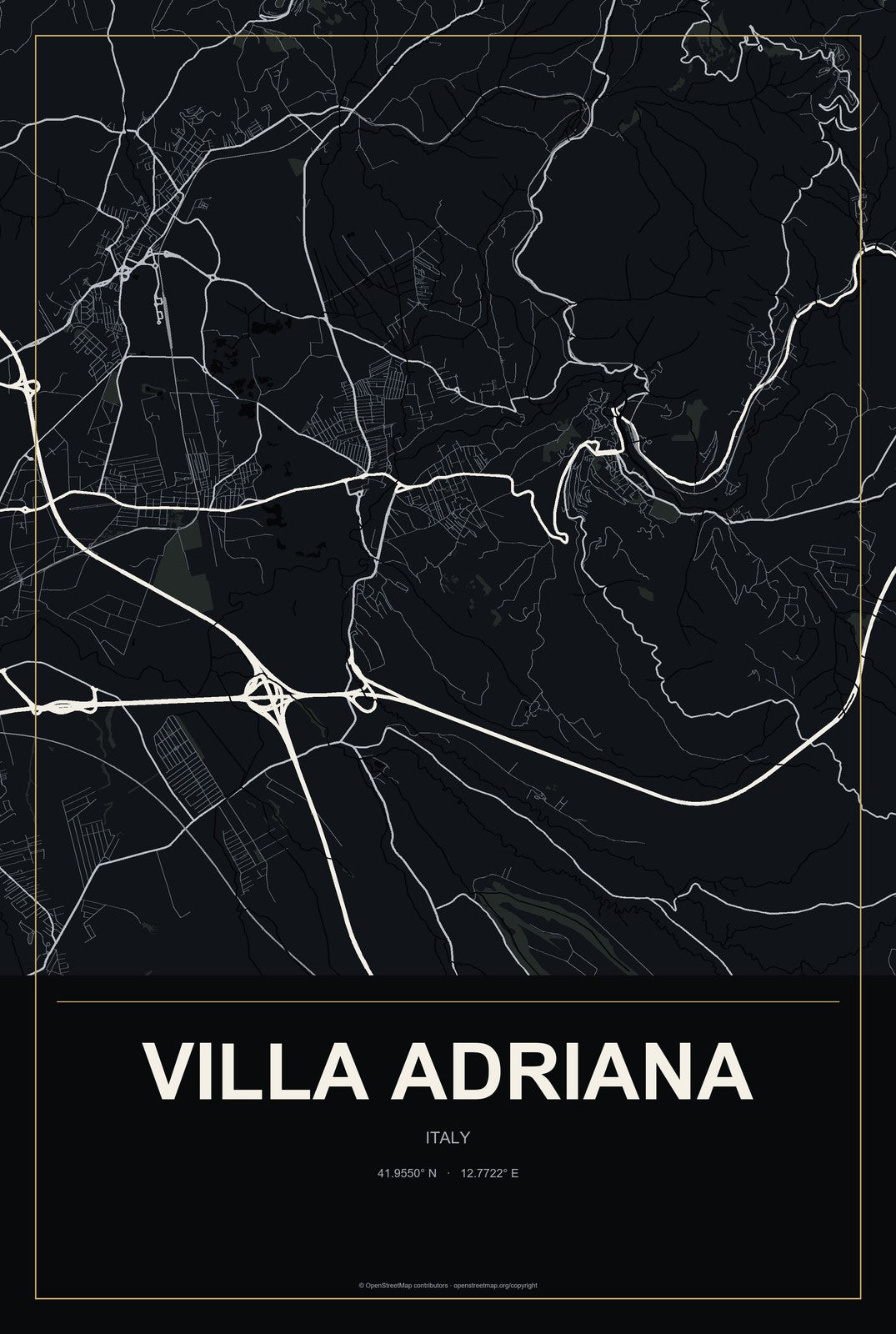 Villa Adriana, Italy City Map Aluminum Sign in Metropolitan Noir style