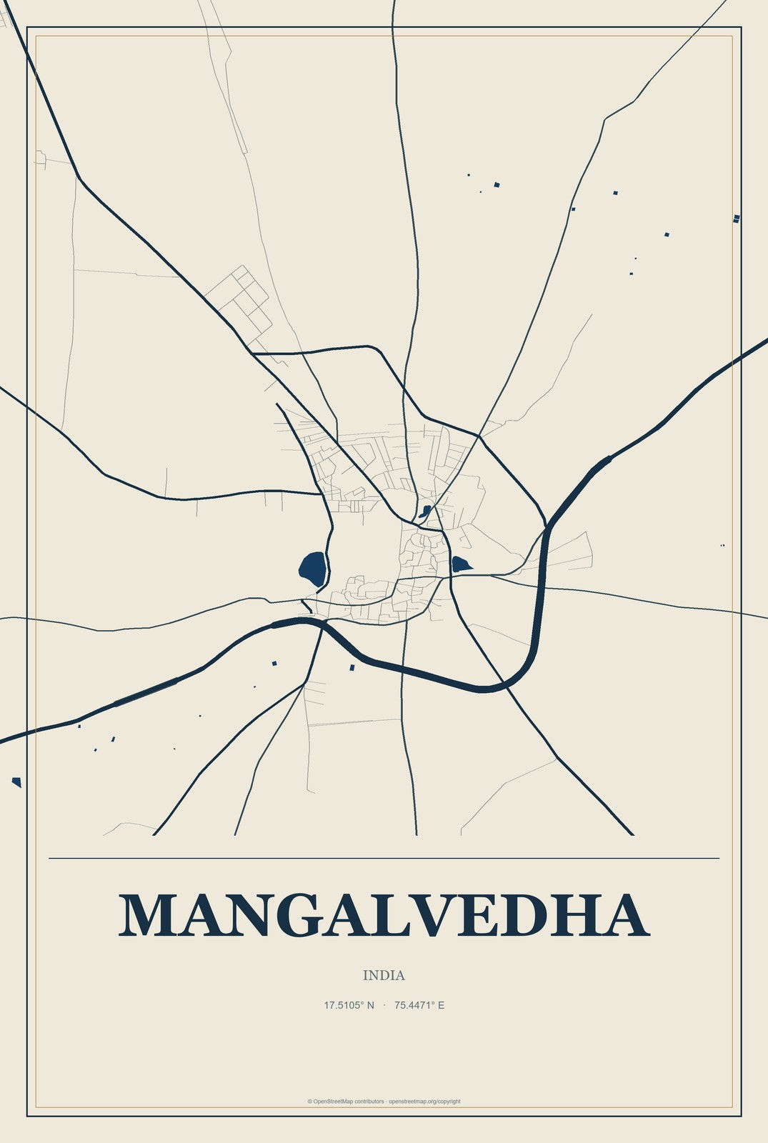 Mangalvedha, India City Map Aluminum Sign in Coastal Cutout style