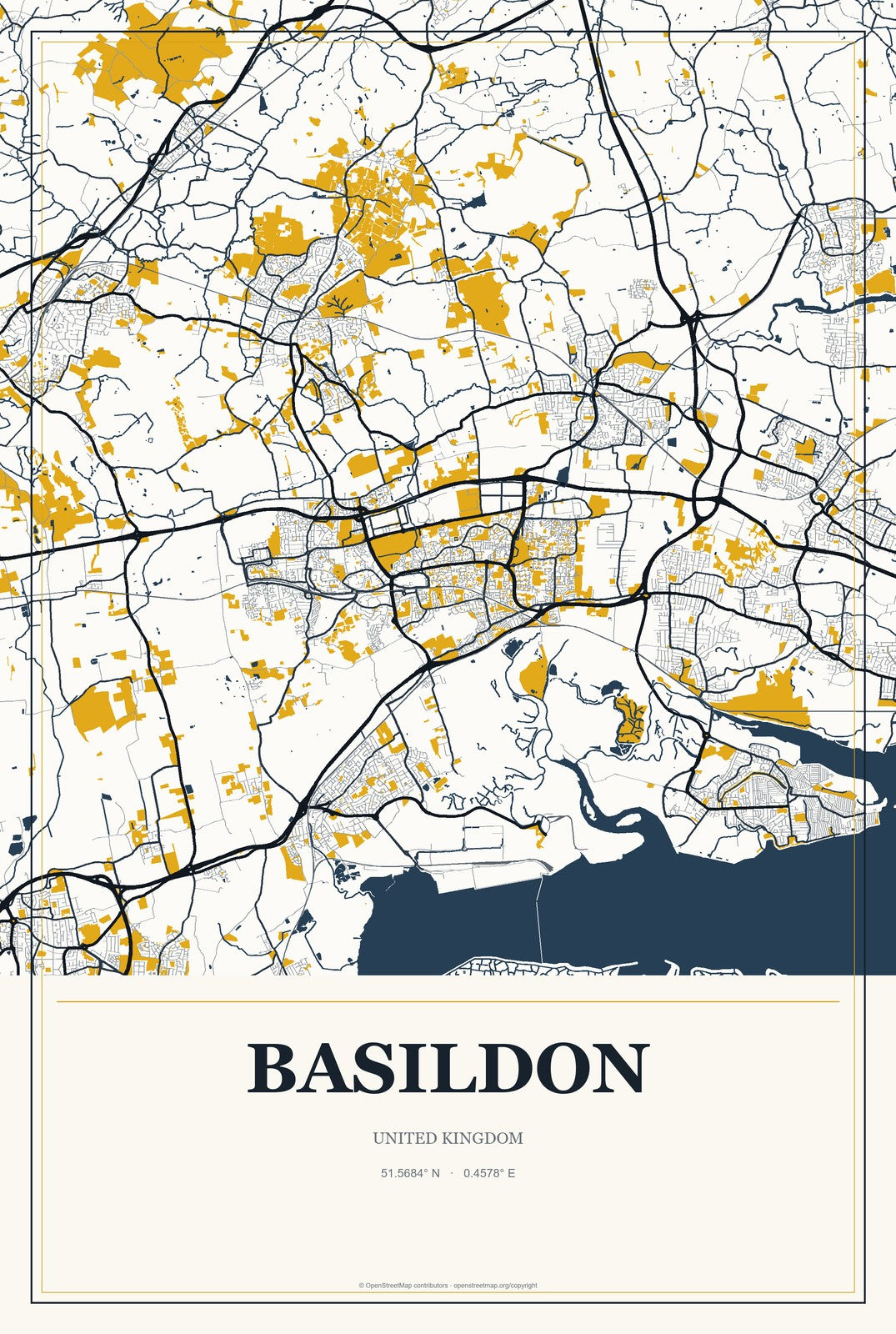Basildon, United Kingdom City Map Aluminum Sign in Citrine Modern style