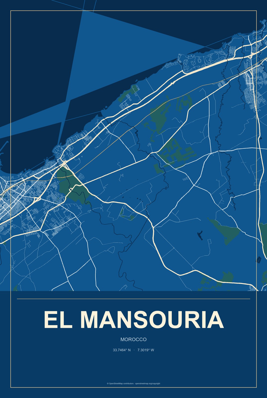El Mansouria, Morocco City Map Aluminum Sign in Harbor Cobalt style