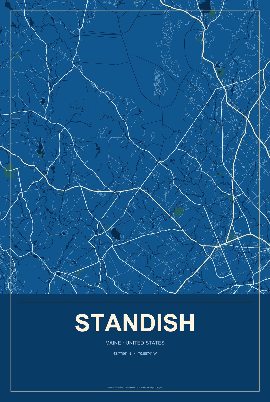 Standish, Maine City Map Aluminum Sign in Harbor Cobalt style