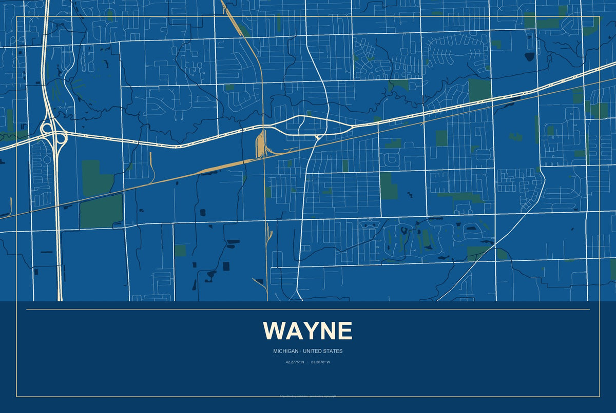 Wayne, Michigan City Map Aluminum Sign in Harbor Cobalt style