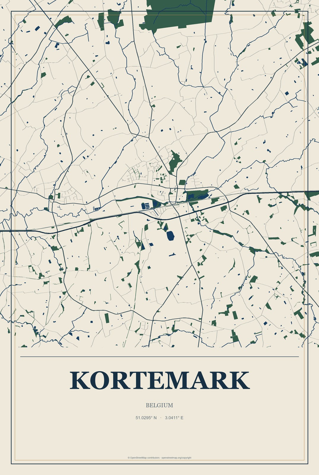 Kortemark, Belgium City Map Aluminum Sign in Coastal Cutout style
