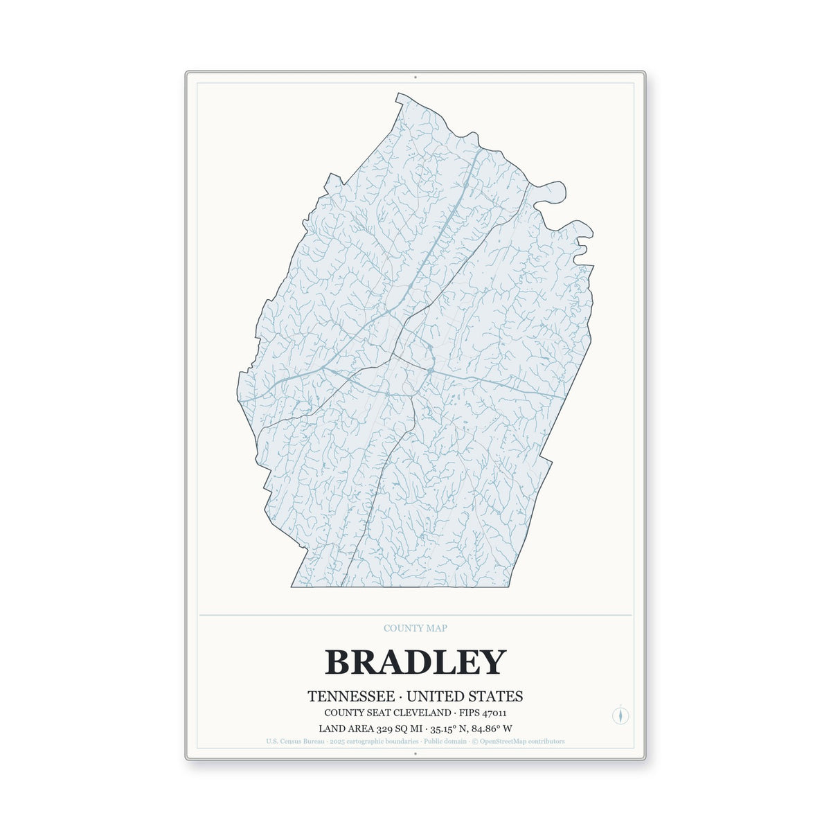 Bradley County, Tennessee Map Aluminum Sign in Gallery Air style