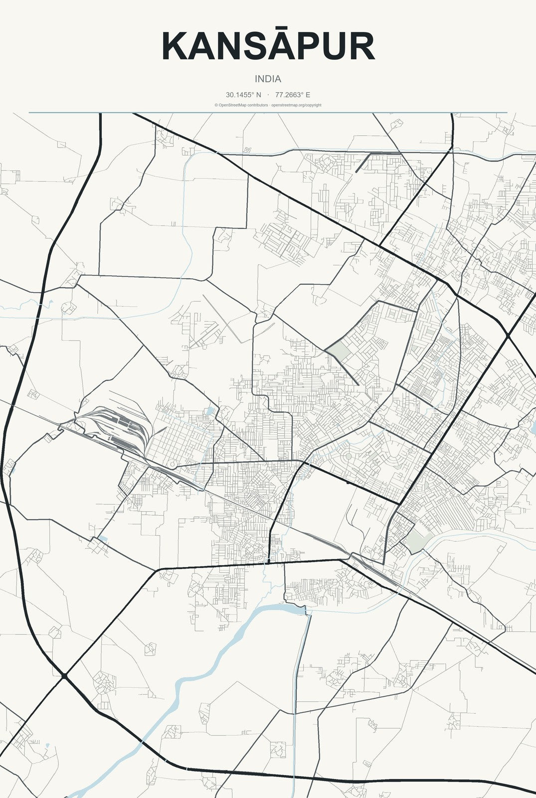 Kansāpur, India City Map Aluminum Sign in Headline Atlas style