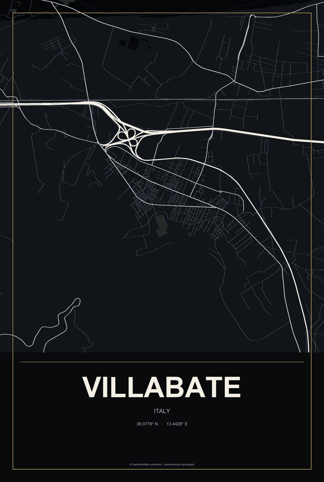 Villabate, Italy City Map Aluminum Sign in Metropolitan Noir style