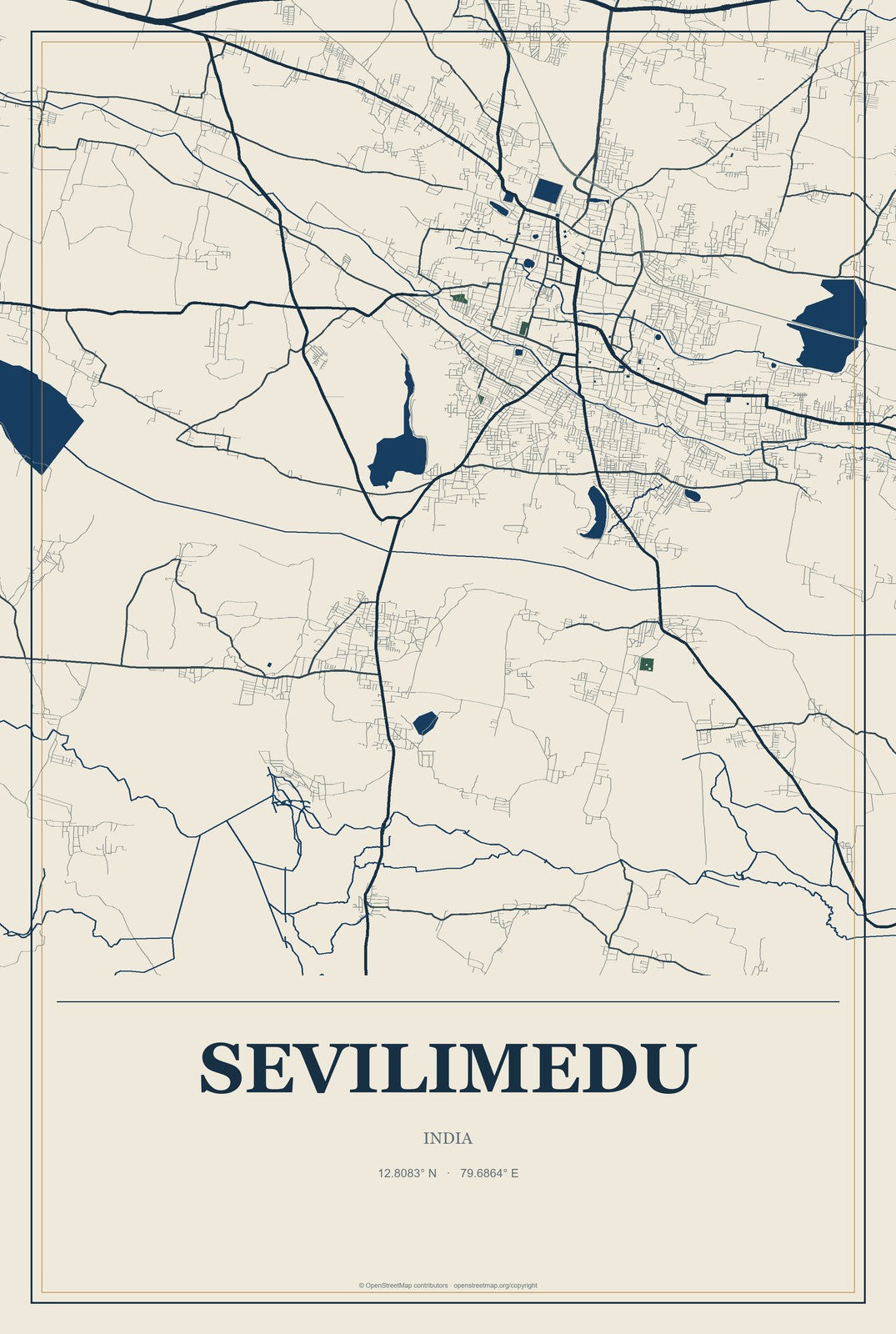 Sevilimedu, India City Map Aluminum Sign in Coastal Cutout style