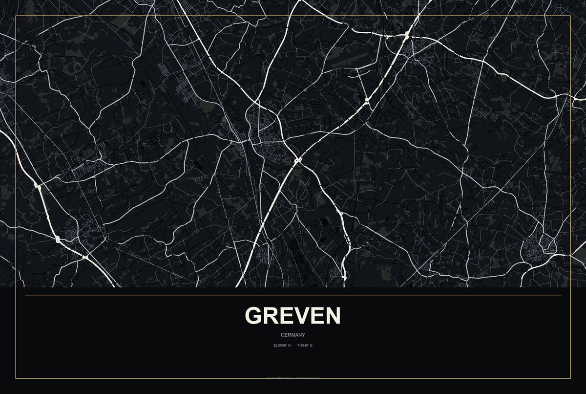 Greven, Germany City Map Aluminum Sign in Metropolitan Noir style