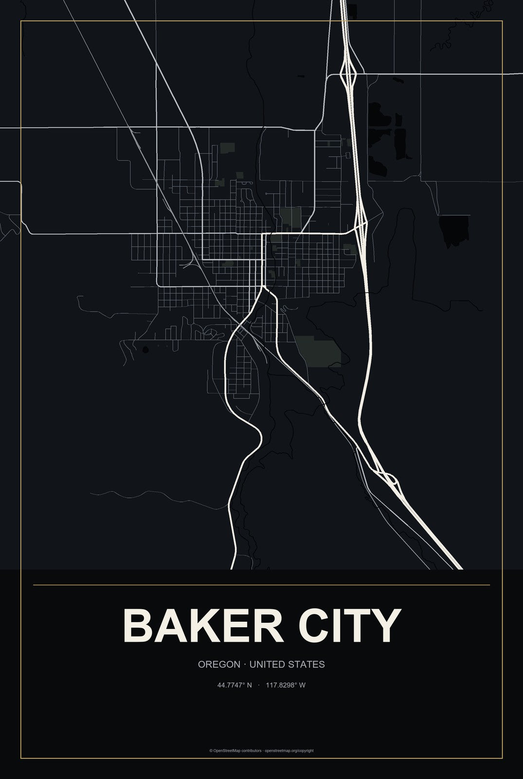 Baker City, Oregon City Map Aluminum Sign in Metropolitan Noir style
