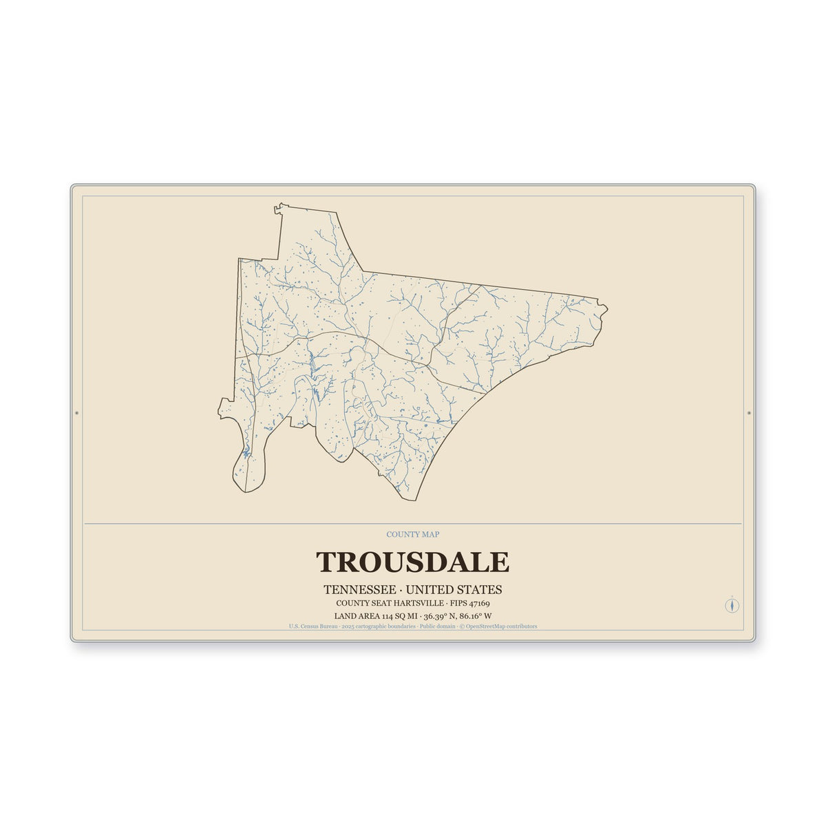 Trousdale County, Tennessee Map Aluminum Sign in Heritage Nautical style