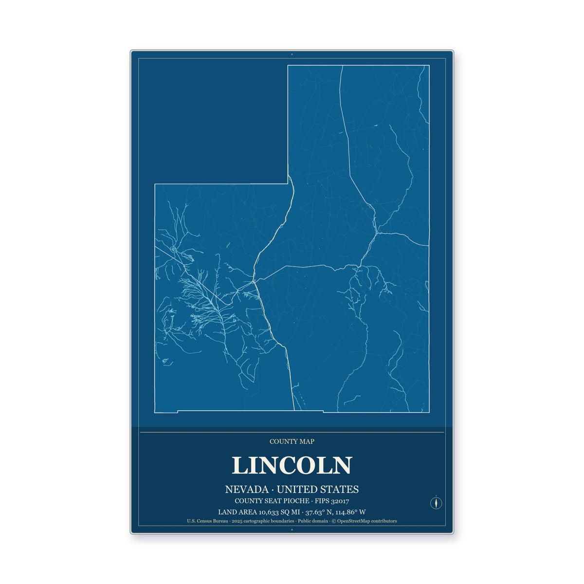 Lincoln County, Nevada Map Aluminum Sign in Harbor Cobalt style