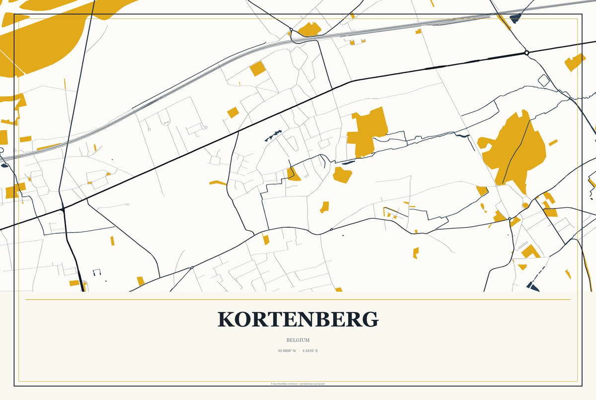 Kortenberg, Belgium City Map Aluminum Sign in Citrine Modern style