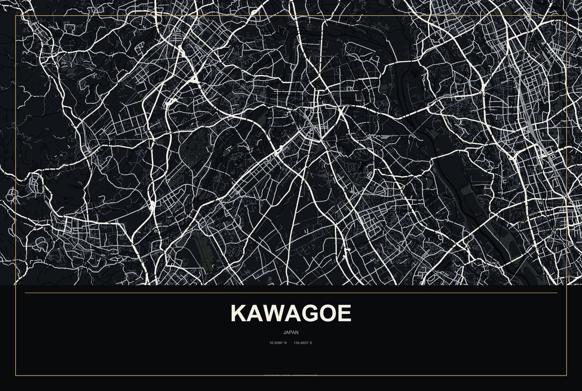 Kawagoe, Japan City Map Aluminum Sign in Metropolitan Noir style