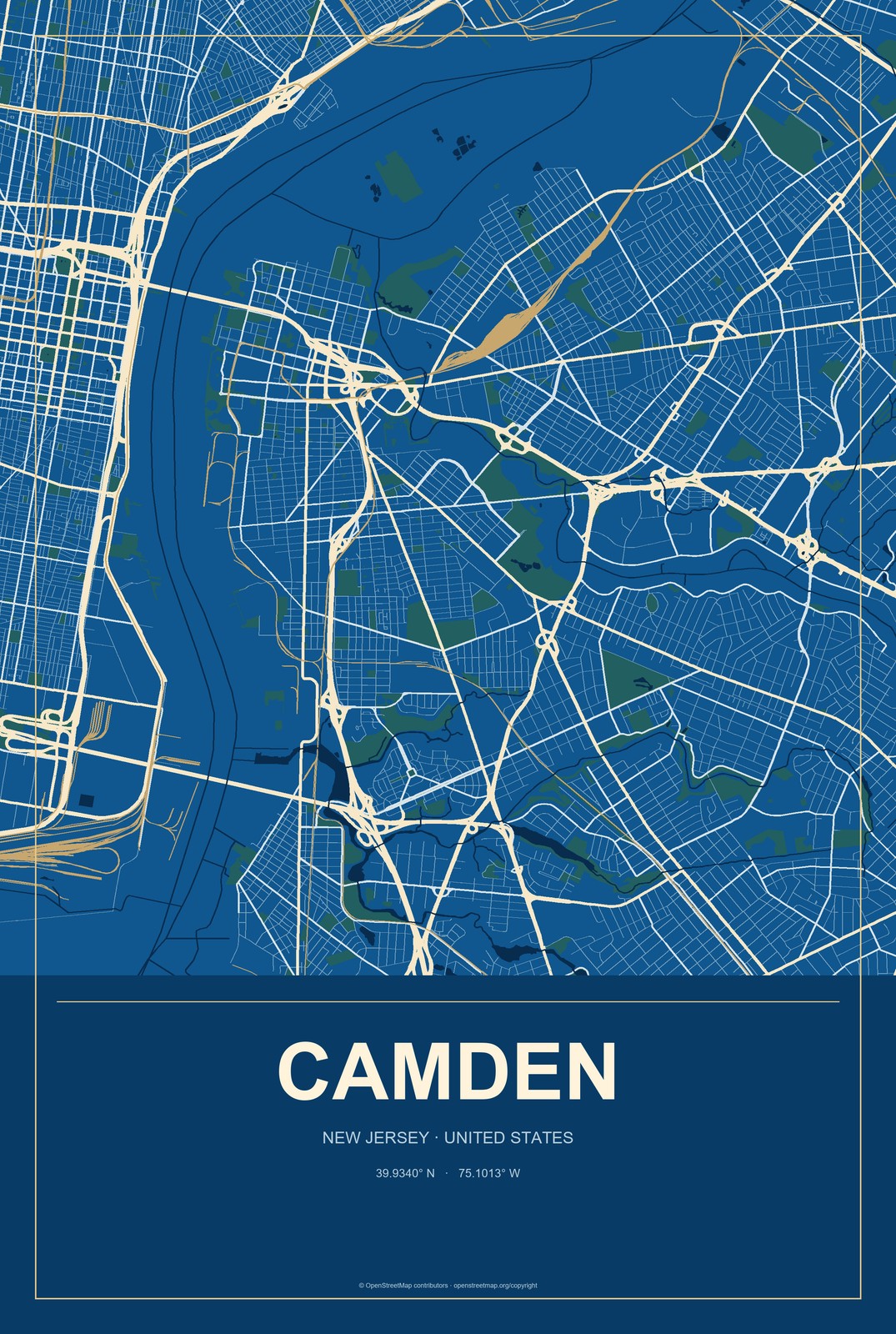 Camden, New Jersey City Map Aluminum Sign in Harbor Cobalt style
