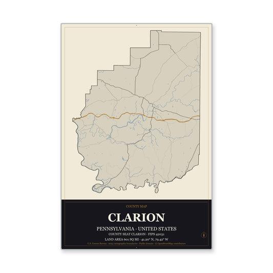 Clarion County, Pennsylvania Map Aluminum Sign in Museum Plaque style