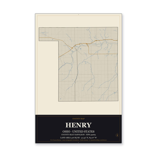 Henry County, Ohio Map Aluminum Sign in Museum Plaque style