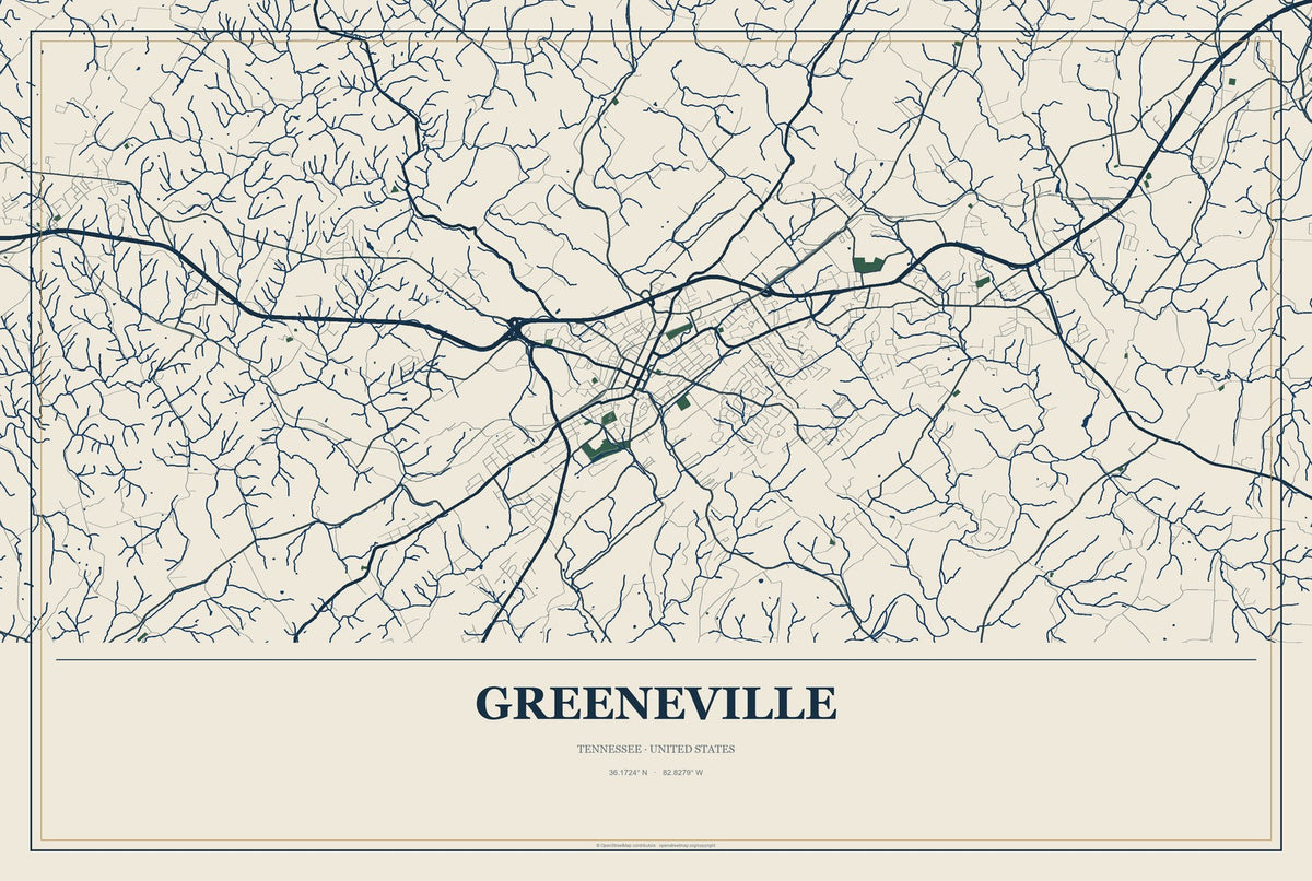Greeneville, Tennessee City Map Aluminum Sign in Coastal Cutout style