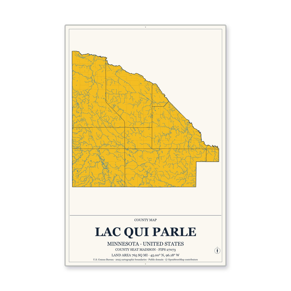 Lac qui Parle County, Minnesota Map Aluminum Sign in Citrine Modern style