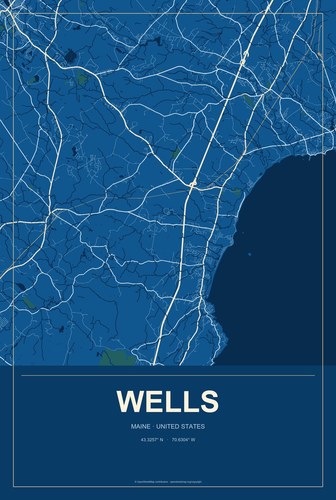 Wells, Maine City Map Aluminum Sign in Harbor Cobalt style