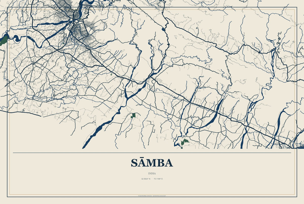 Sāmba, India City Map Aluminum Sign in Coastal Cutout style