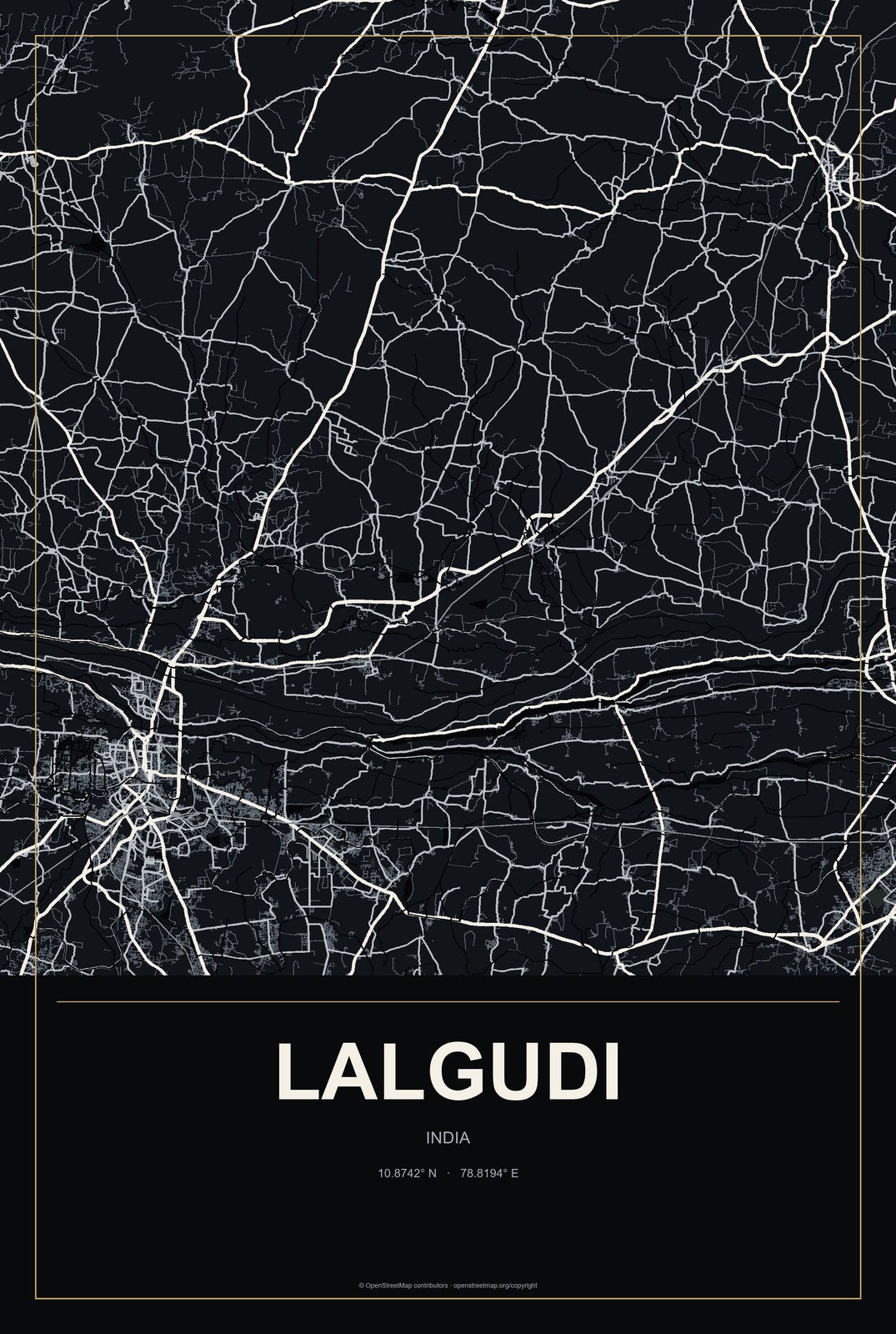 Lalgudi, India City Map Aluminum Sign in Metropolitan Noir style