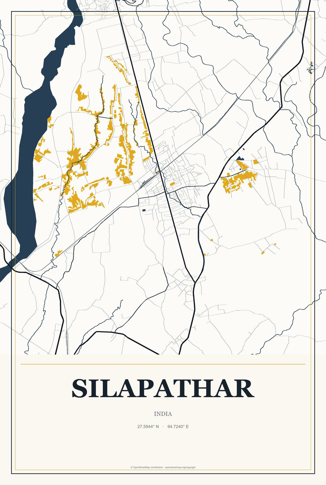 Silapathar, India City Map Aluminum Sign in Citrine Modern style