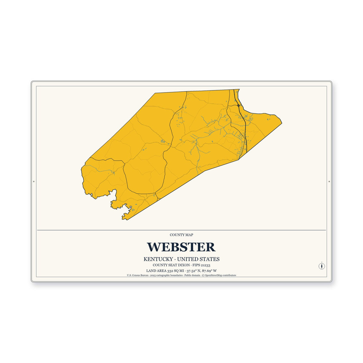 Webster County, Kentucky Map Aluminum Sign in Citrine Modern style