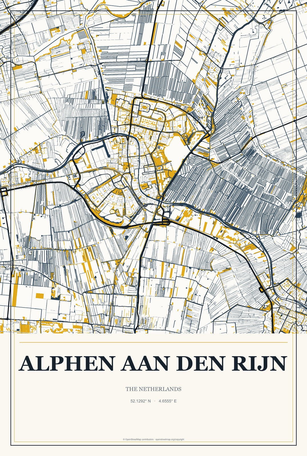 Alphen aan den Rijn, The Netherlands City Map Aluminum Sign in Citrine Modern style