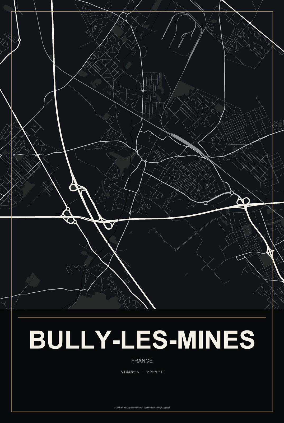 Bully-les-Mines, France City Map Aluminum Sign in Metropolitan Noir style