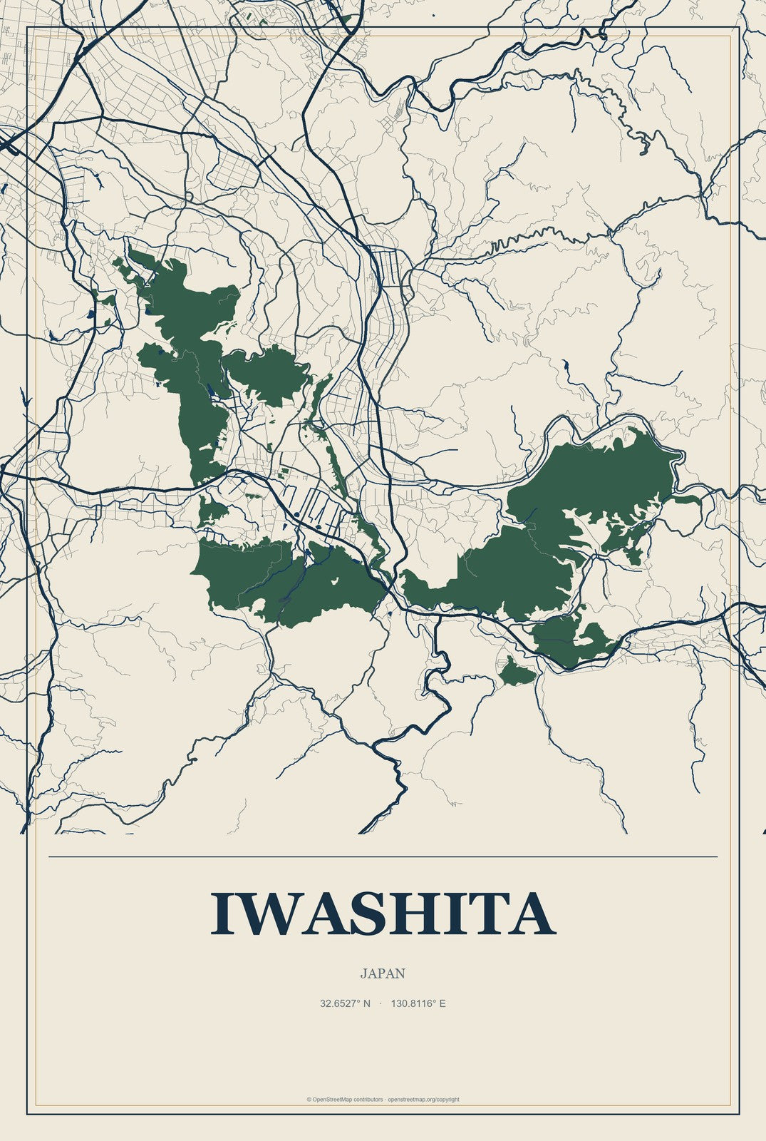 Iwashita, Japan City Map Aluminum Sign in Coastal Cutout style